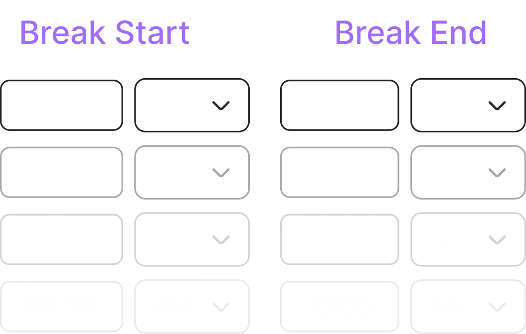 Track breaks with “Break Start” and “Break End” entries.
